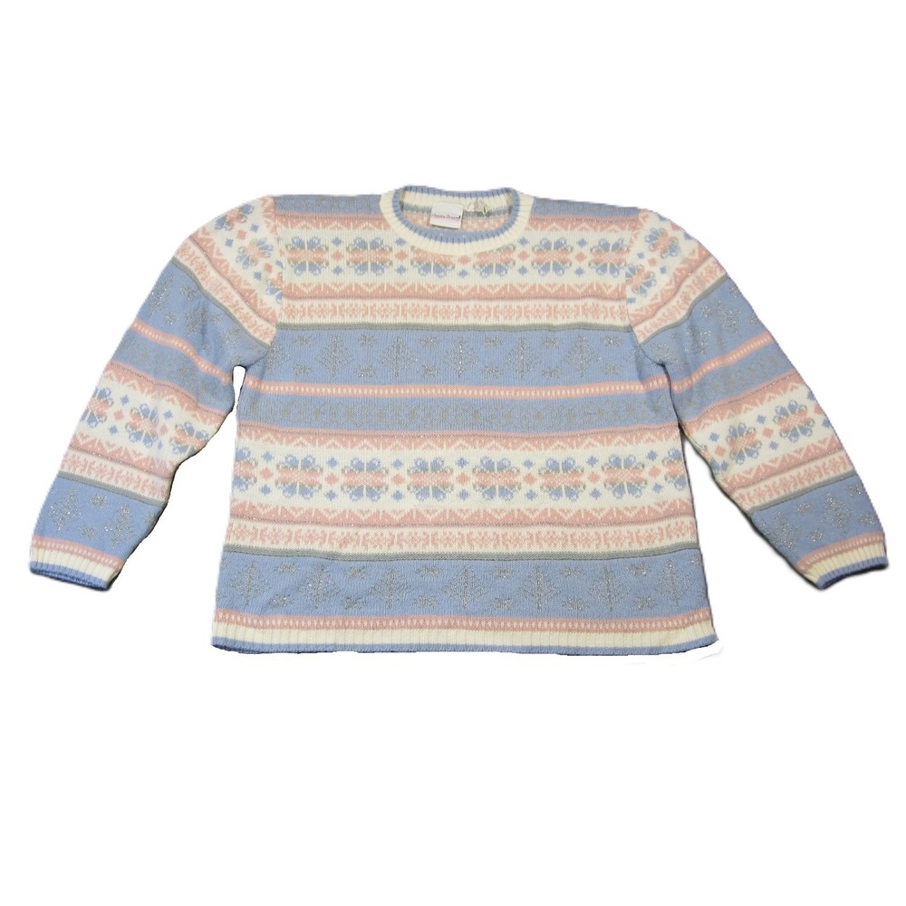 Vtg Bobbie Brooks Sweater L Blue Pink Pastel‎ Fair Isle 80s 90s Snow Ski Winter